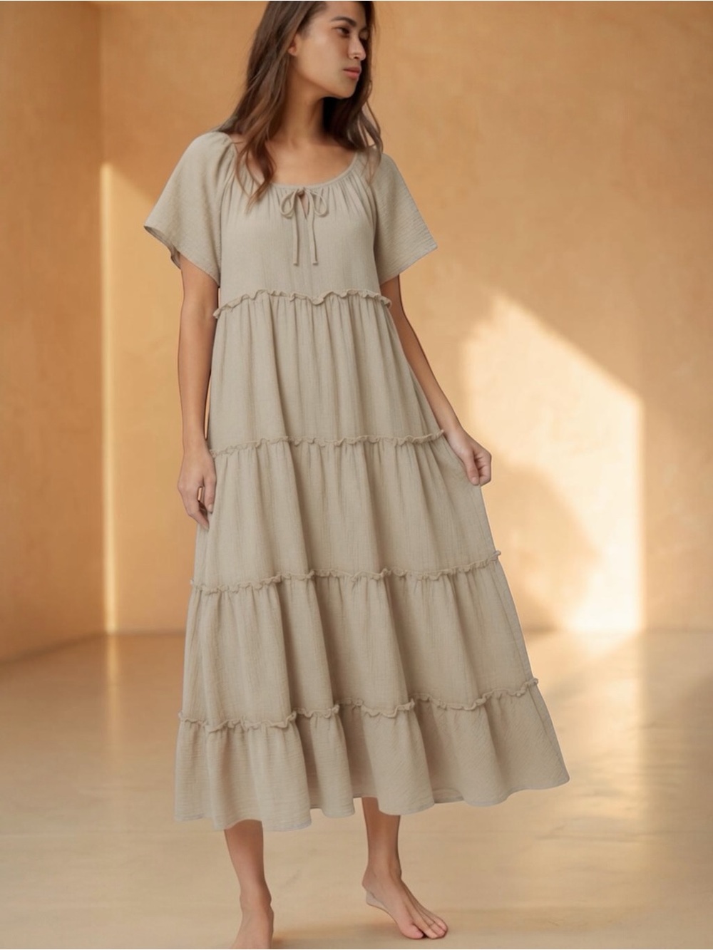 Easel Los Angeles Tiered Ruffle Maxi Dress - Beige/Taupe, Size M NWT